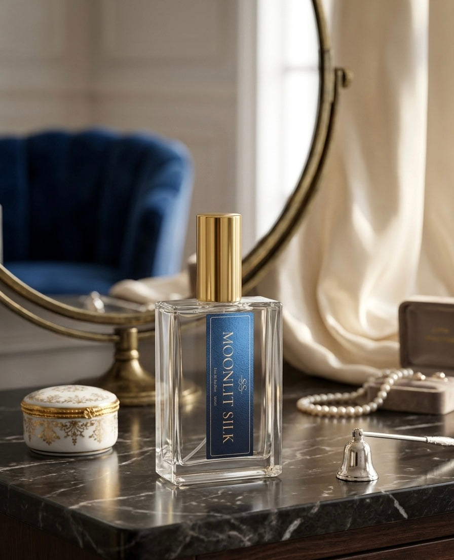 "Moonlit Silk Eau de Parfum 100ml bottle by SunShine Scents Candle Co. on a dark marble vanity with a gold mirror, pearl necklace, and porcelain trinket box."