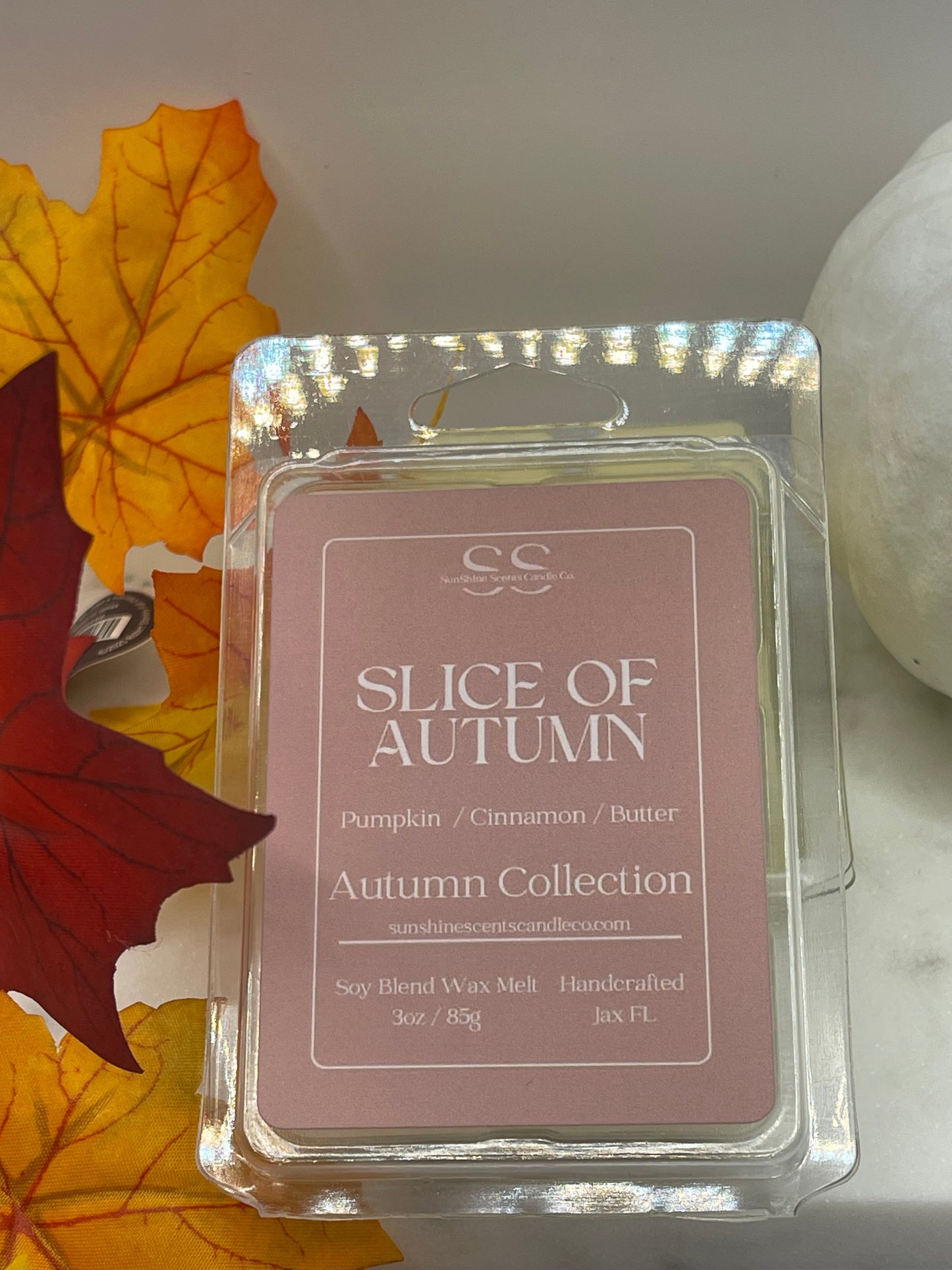 A wax melt product in a clear plastic clamshell container with a dusty rose label reading 'SLICE OF AUTUMN' and 'Autumn Collection.' The package is styled with fall leaves and a white pumpkin on a light neutral background.