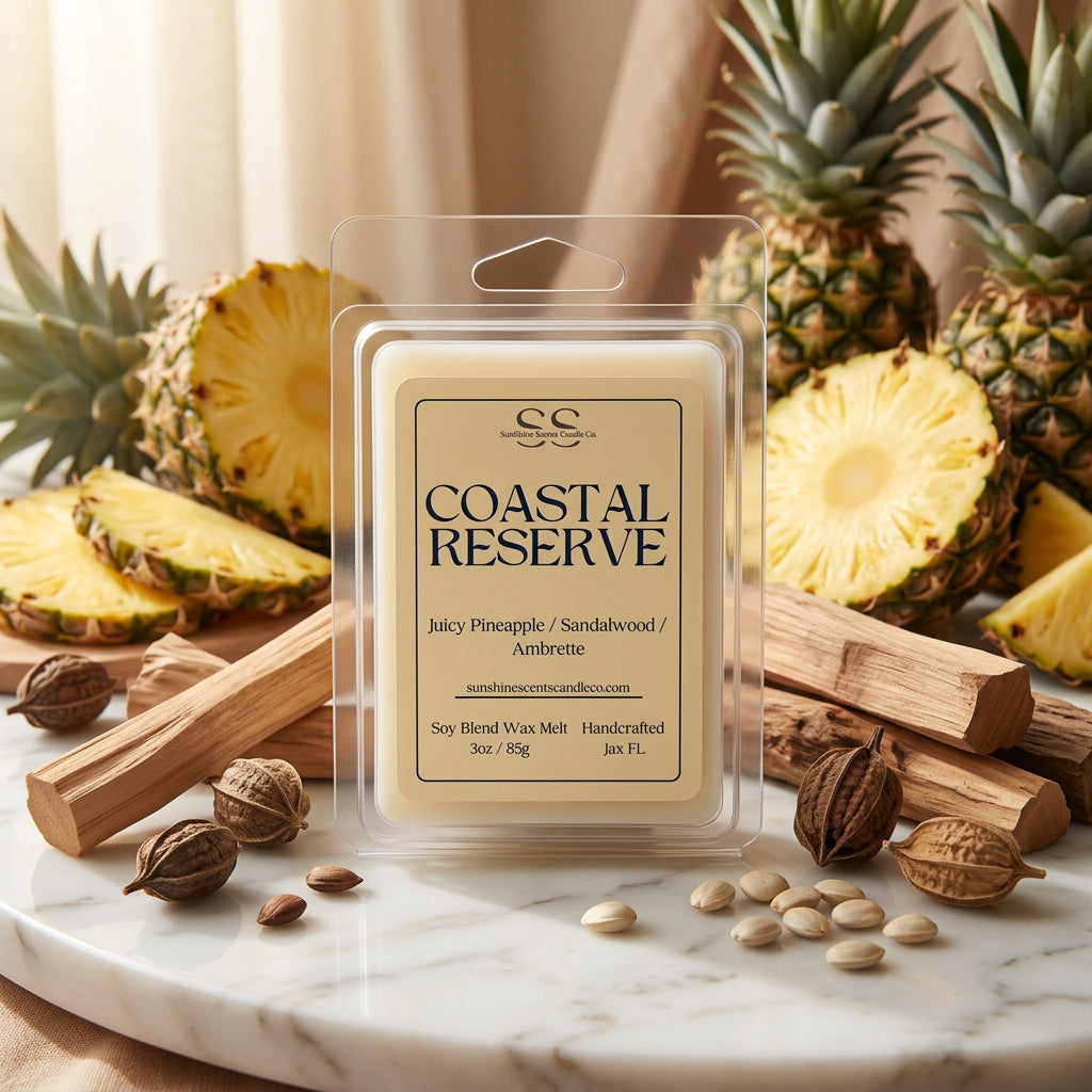 Coastal Reserve wax melt by SunShine Scents Candle Co. on white marble surrounded by sliced pineapple, wood pieces, and seed pods.