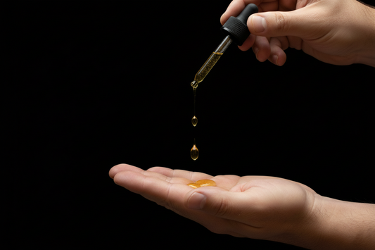 Hand holding a dropper with liquid over another hand on a black background