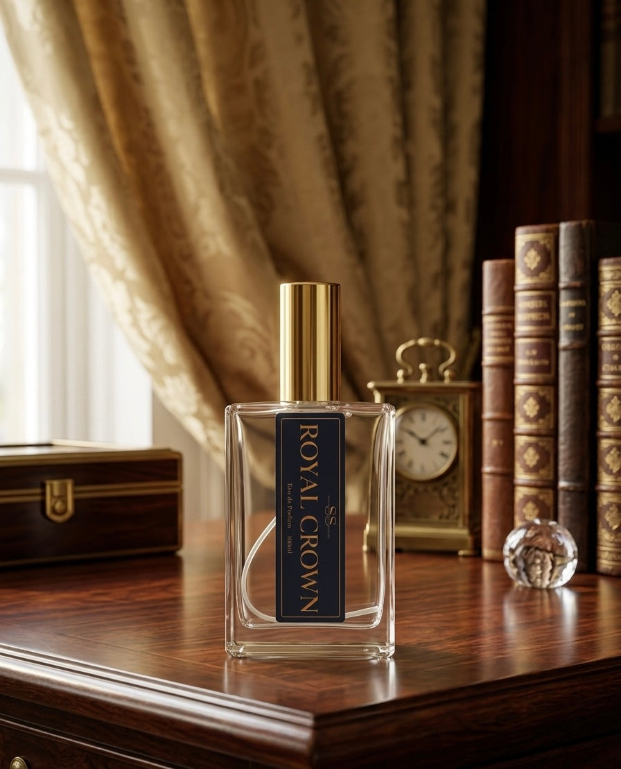 Royal Crown Eau de Parfum 100ml bottle by SunShine Scents Candle Co. displayed on a mahogany desk with leather-bound books, a gold clock, and golden drapery."
