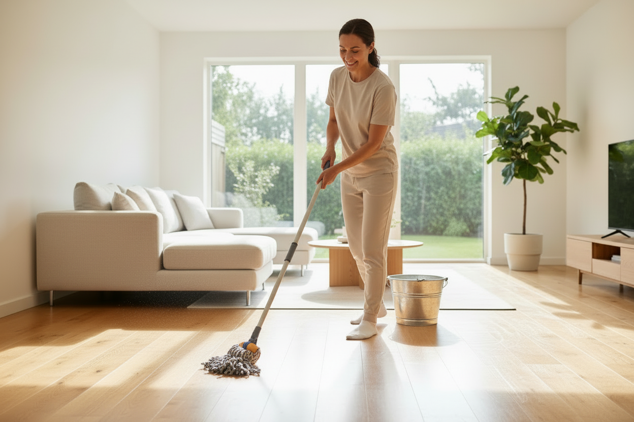 Woman cleaning a wooden floor in a bright living room