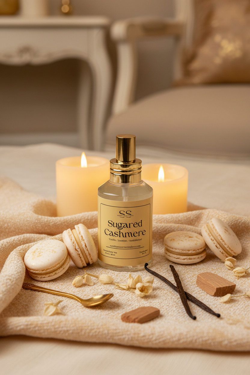 A clear glass bottle of SunShine Scents Candle Co. Sugared Cashmere body mist with a gold spray nozzle rests on a cream cashmere throw surrounded by vanilla bean macarons, vanilla sticks, caramel pieces, a gold spoon, and two glowing pillar candles in a soft, warm-toned boudoir setting.
