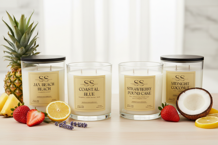 Candles Collection - 2 Wicks Glass Vessels Jax Beach, Coastal Blue, Strawberry Pound Cake, and Midnigt Coconut