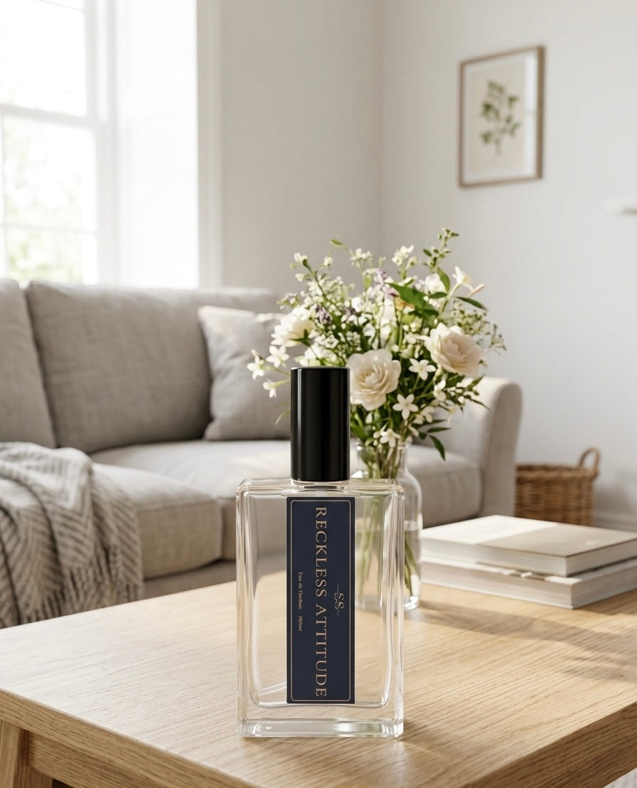 "Reckless Attitude Eau de Parfum 100ml bottle by SunShine Scents Candle Co. on a wooden coffee table with a white floral arrangement, stacked books, and a light grey sofa in a bright living room." 