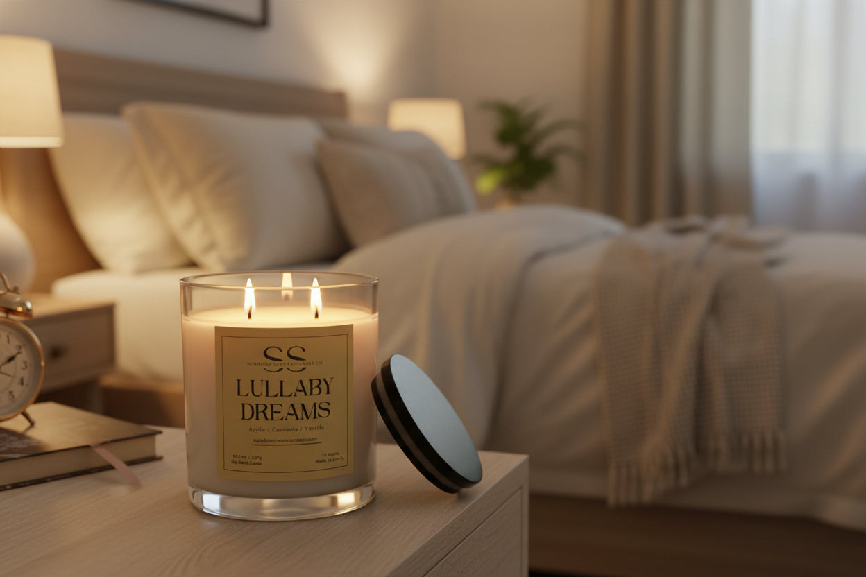 Candle with 'Lullaby Dreams' label on a dark background