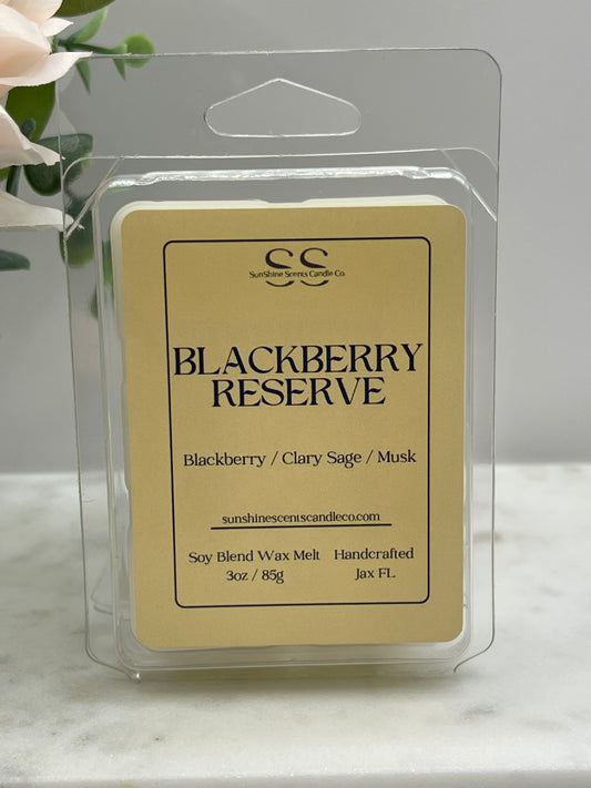 Blackberry Reserve 3 oz soy blend wax melt by SunShine Scents Candle Co. in clear packaging with a yellow label.