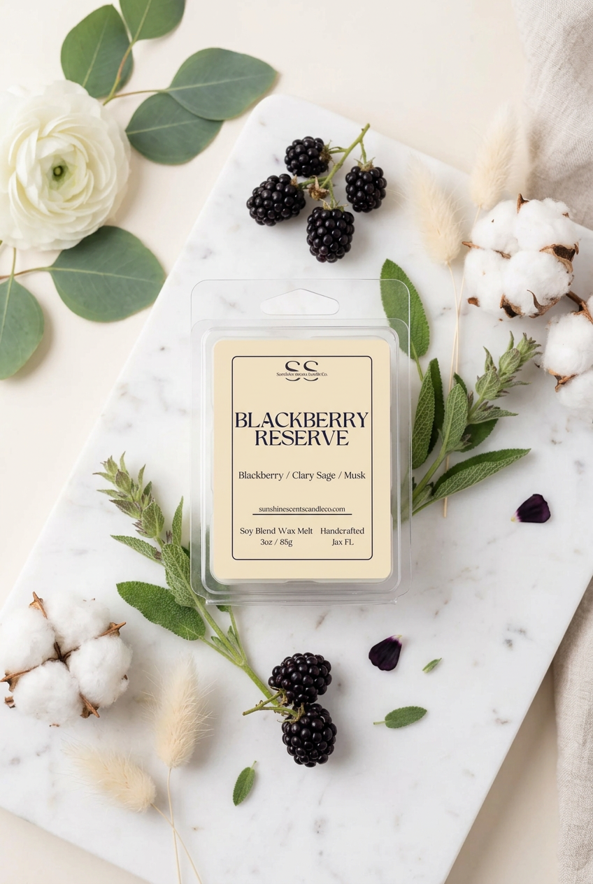  Blackberry Reserve wax melt by SunShine Scents Candle Co. on white marble with blackberries, greenery, and cotton stems.