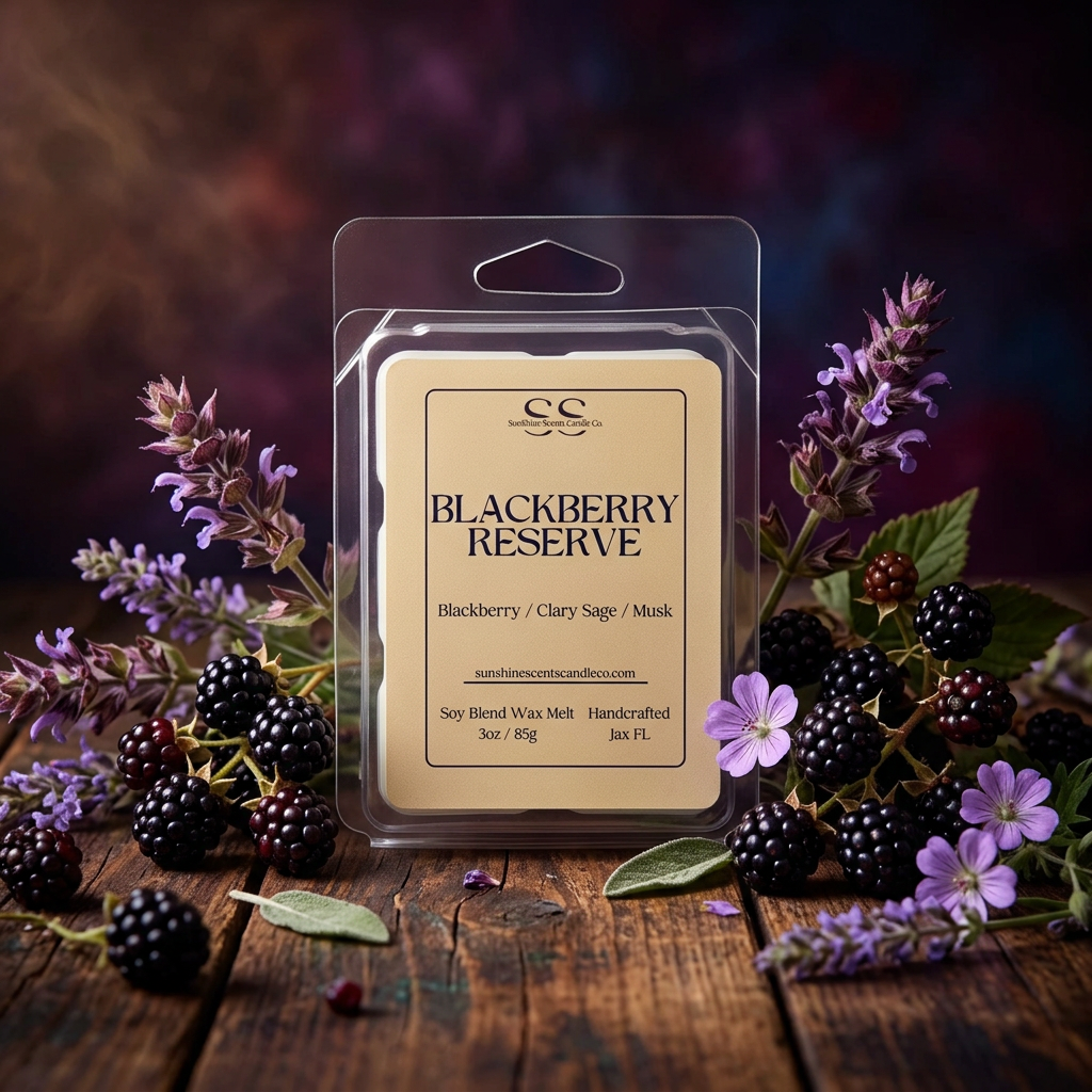 Blackberry Reserve wax melt by SunShine Scents Candle Co. surrounded by blackberries and purple flowers on rustic wood.