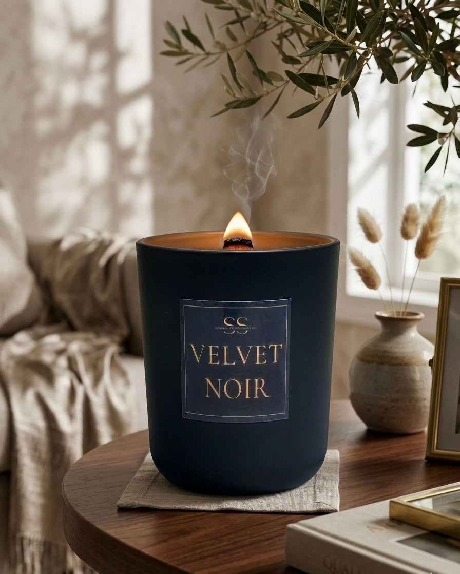 Matte Black: "Velvet Noir 14.5 oz luxury coconut soy candle with wooden wick in matte black jar — warm vanilla and mahogany fragrance"