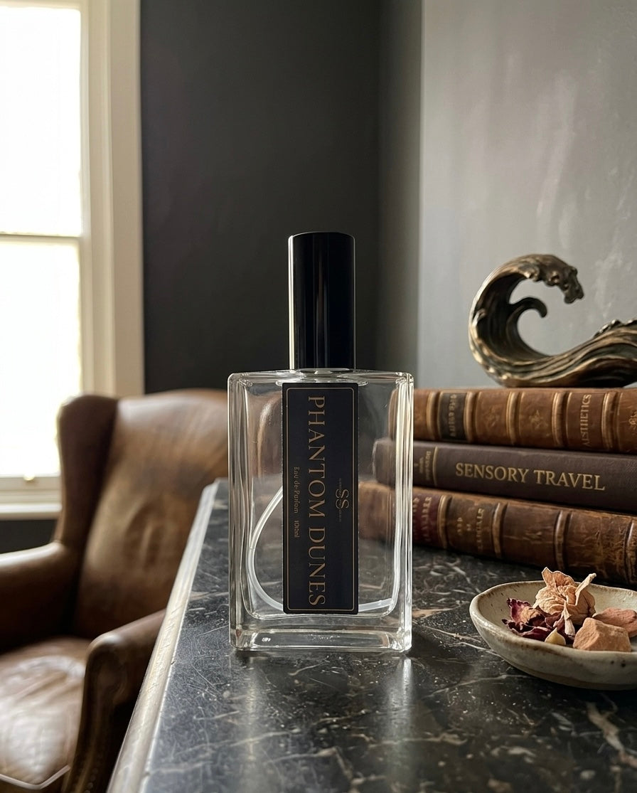 "Phantom Dunes Eau de Parfum 100ml bottle by SunShine Scents Candle Co. on a dark marble surface with stacked vintage books, a bronze wave sculpture, and dried botanicals." 