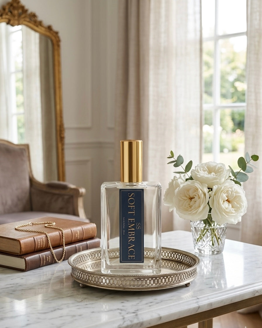Soft Embrace Eau de Parfum 100ml bottle by SunShine Scents Candle Co. — creamy vanilla and musk skin scent
