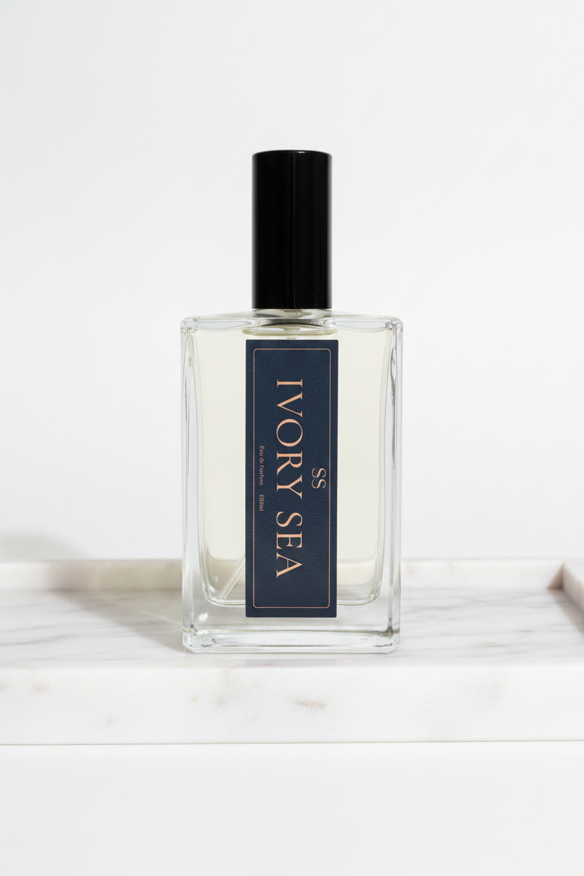 "Ivory Sea Eau de Parfum 100ml navy gift box with gold lettering and SS logo on white background — luxury perfume by SunShine Scents Candle Co."