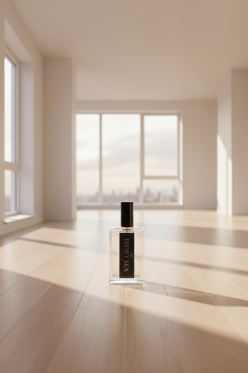 A clear glass perfume bottle with a black cap and a black label reading 'MOON TEA' stands on a light wood floor in a bright, modern room with large windows and warm sunlight.