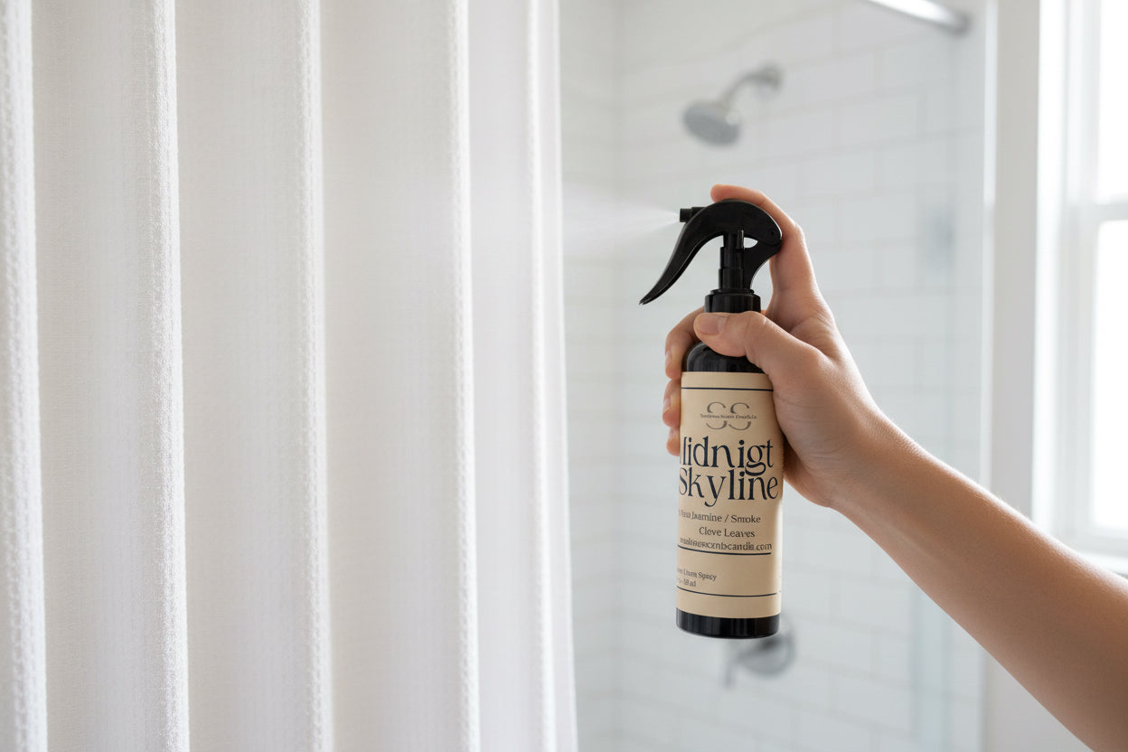 "Hand holding Midnight Skyline Room + Linen Spray 5oz bottle by SunShine Scents Candle Co., a small-batch Black Tea & Vanilla home fragrance spray"