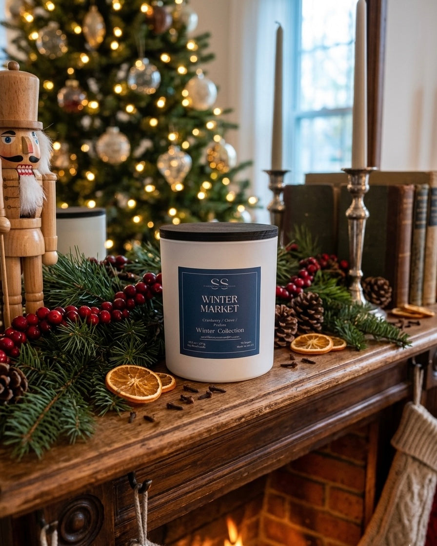 "Winter Market 10.5oz candle by SunShine Scents Candle Co. on a wooden mantle decorated with pine garland, cranberry beads, dried orange slices, pine cones, and a nutcracker, with a lit Christmas tree glowing in the background." 