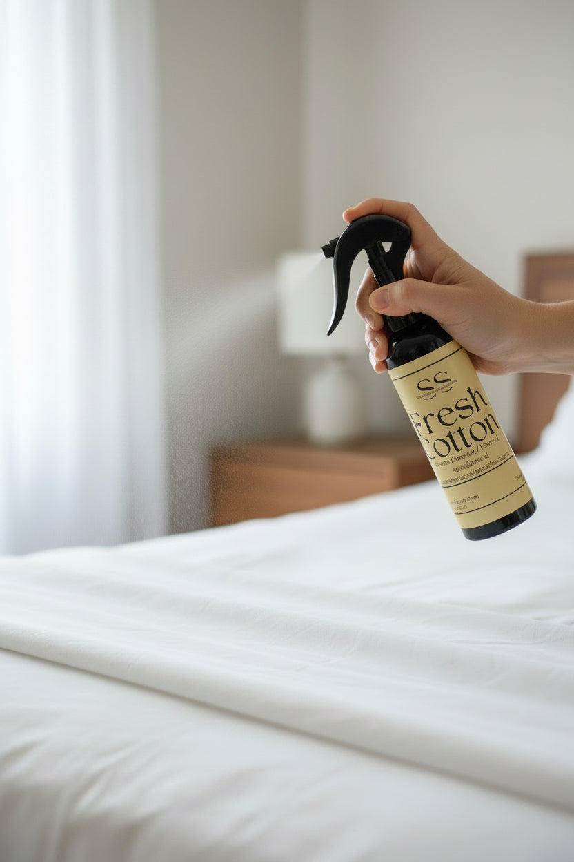 Person holding a bottle of 'ES Fresh Cotton' spray over a bed in a bedroom setting.