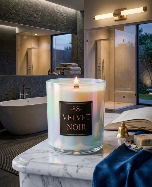 Iridescent Cloud: "Velvet Noir 14.5 oz luxury coconut soy candle with wooden wick in iridescent cloud vessel — marshmallow, vanilla & tonka bean scent"