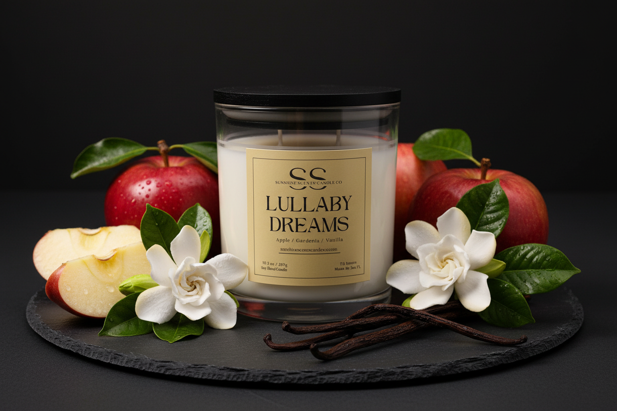 Candle labeled 'Lullaby Dreams' with apples and flowers on a dark background
