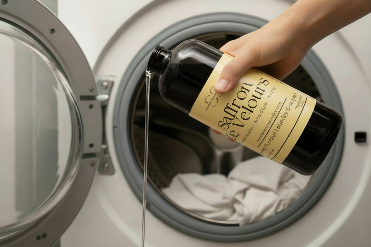 "Hand pouring Saffron De Velours Luxury Laundry Detergent into a front-load washing machine — small-batch, designer-scented laundry detergent by SunShine Scents Candle Co."