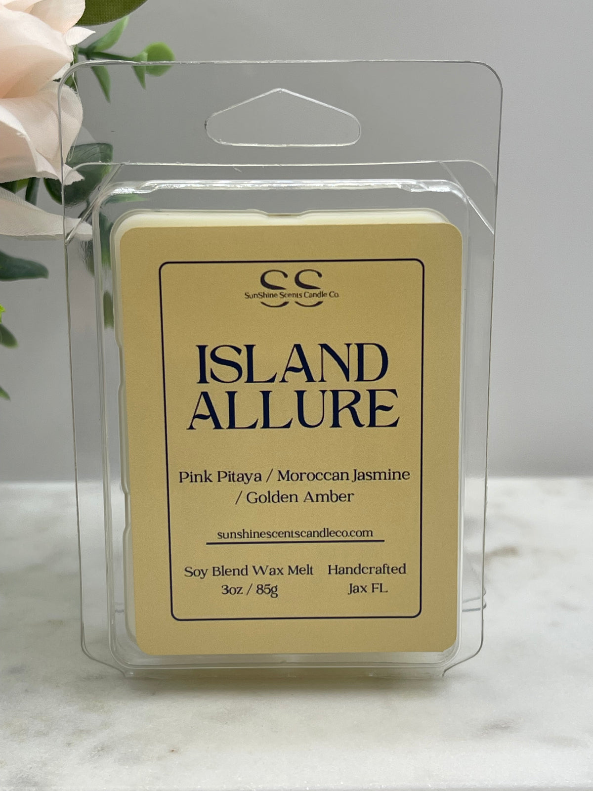 Island Allure 3 oz soy blend wax melt by SunShine Scents Candle Co. in clear packaging with a yellow label.