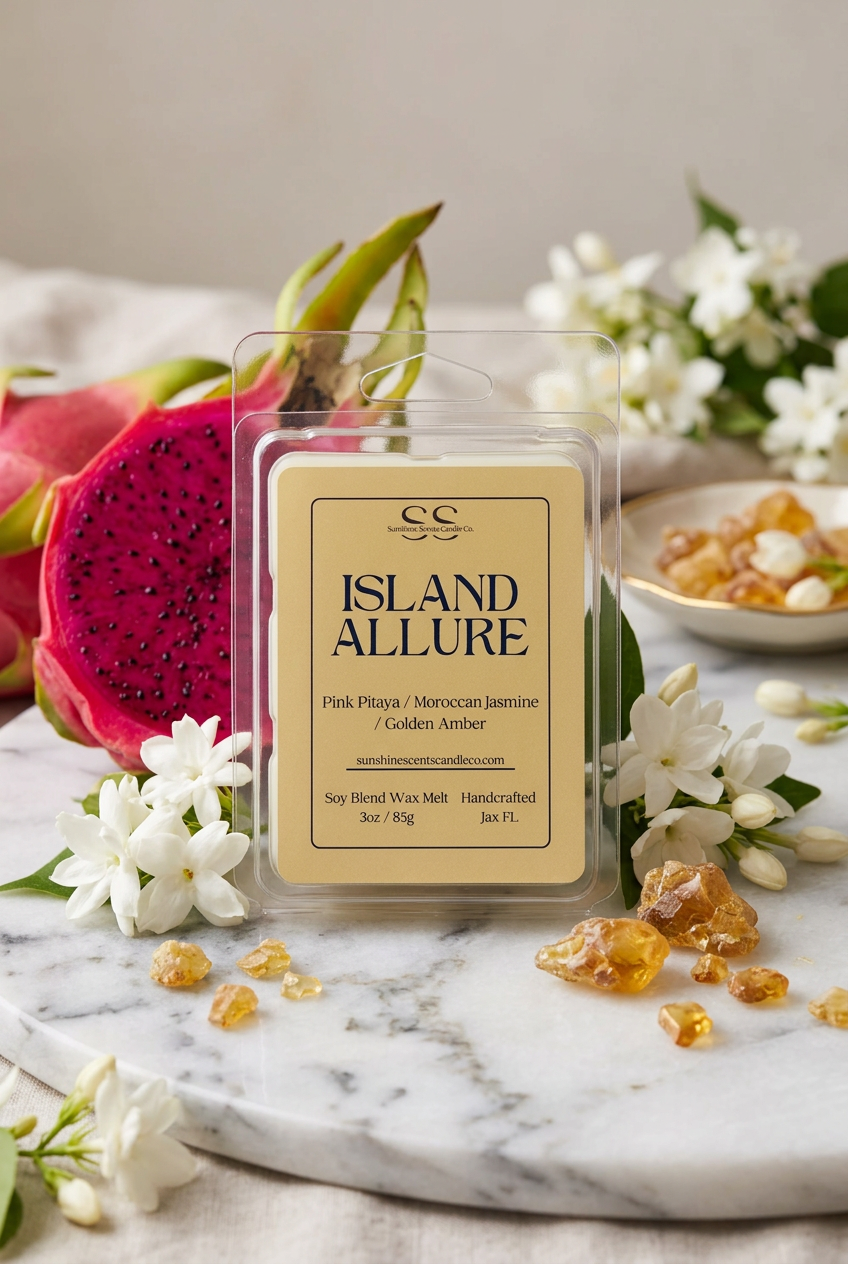  Island Allure wax melt by SunShine Scents Candle Co. on white marble with sliced pink pitaya, jasmine flowers, and golden resin pieces.