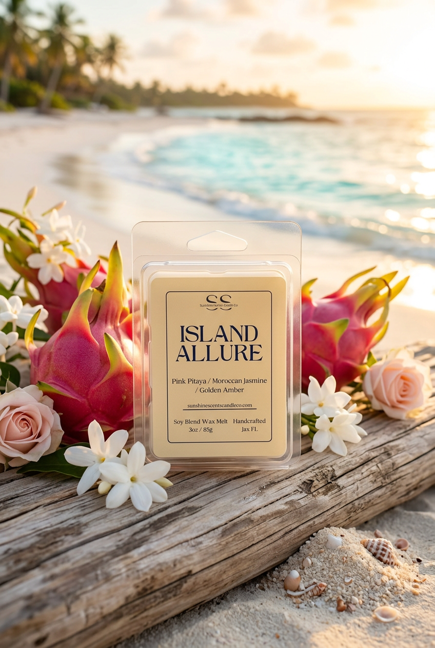 Island Allure wax melt by SunShine Scents Candle Co. on driftwood with dragon fruit and flowers beside a sunlit tropical beach.