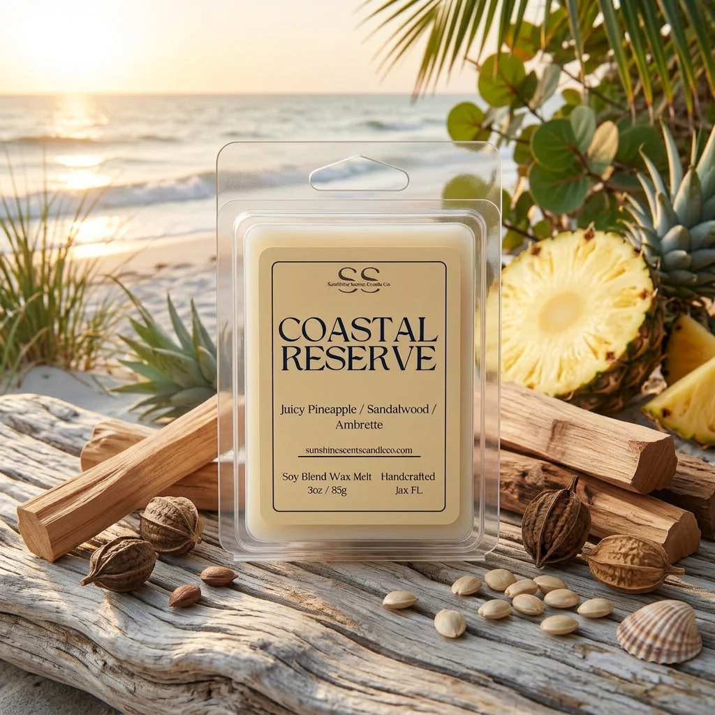 Coastal Reserve wax melt by SunShine Scents Candle Co. on driftwood with pineapple and wood pieces beside a sunlit beach.
