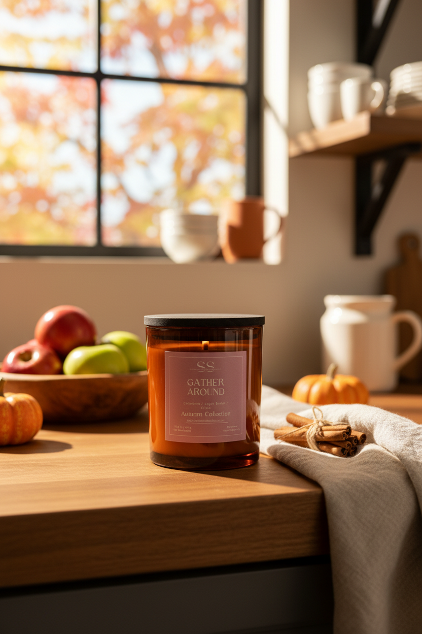 An amber glass jar candle labeled 'Gathered Around' sits on a wooden table in a warm, autumnal kitchen setting with apples, pumpkins, mugs, and a window in the background.