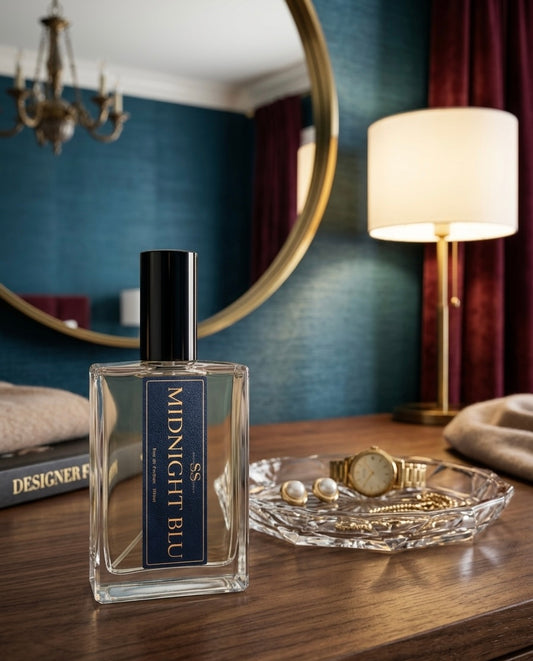 Midnight Blu Eau de Parfum 100ml bottle by SunShine Scents Candle Co. on a wooden dresser with a gold mirror, crystal tray with jewelry and a watch, against deep teal walls." 