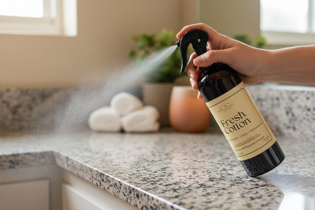 Black spray bottle labeled 'Fresh Cotton' on a gray background