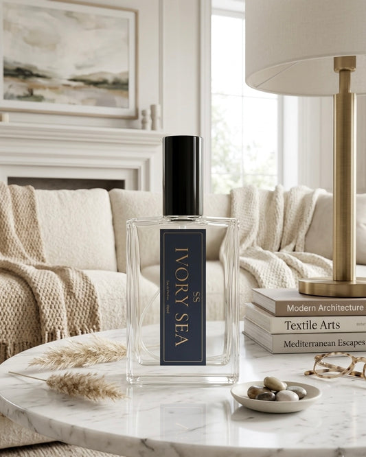 "Ivory Sea Eau de Parfum 100ml bottle by SunShine Scents Candle Co. on a marble coffee table with dried pampas grass, smooth stones, and stacked books including Mediterranean Escapes, in a bright coastal living room."
