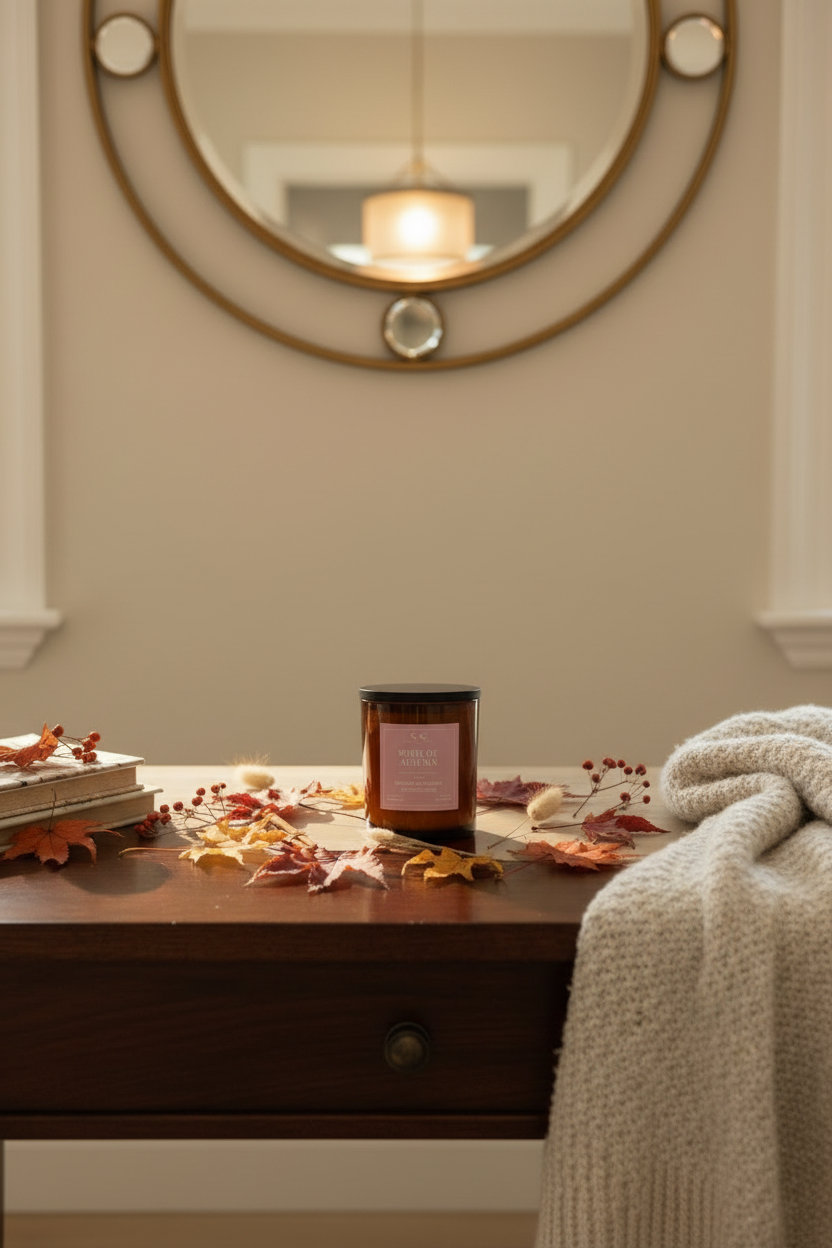 A lit amber glass candle with a pink label sits on a light wood coffee table in a cozy living room setting with a sofa, pillows, books, and autumn leaves.