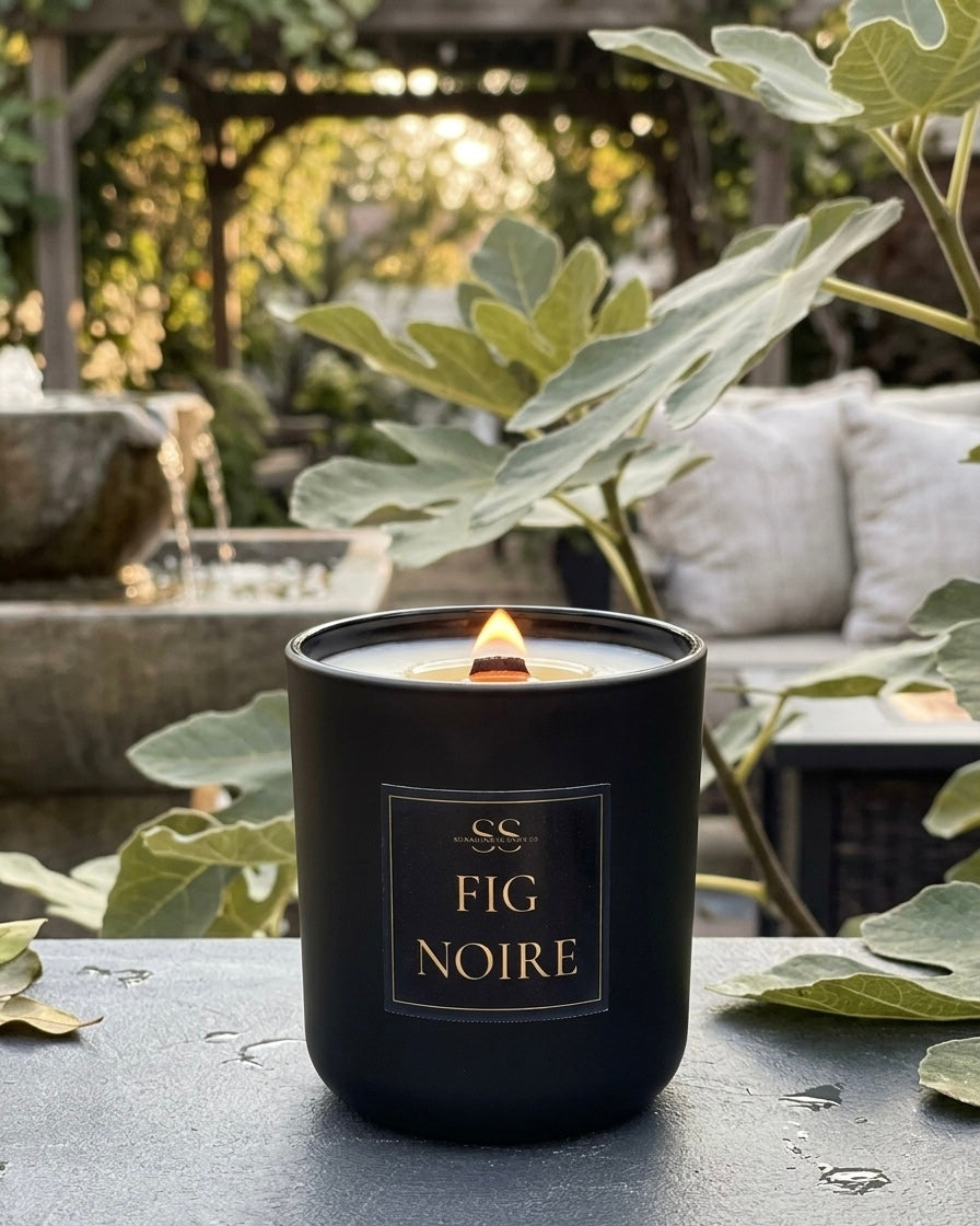 Matte Black: "Fig Noire 14.5 oz luxury coconut soy candle with wooden wick in matte black jar — earthy fig, lavender & patchouli fragrance"