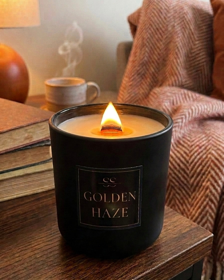 Matte Black: "Golden Haze 14.5 oz luxury coconut soy candle with wooden wick in matte black jar — warm vanilla and sandalwood fragrance"