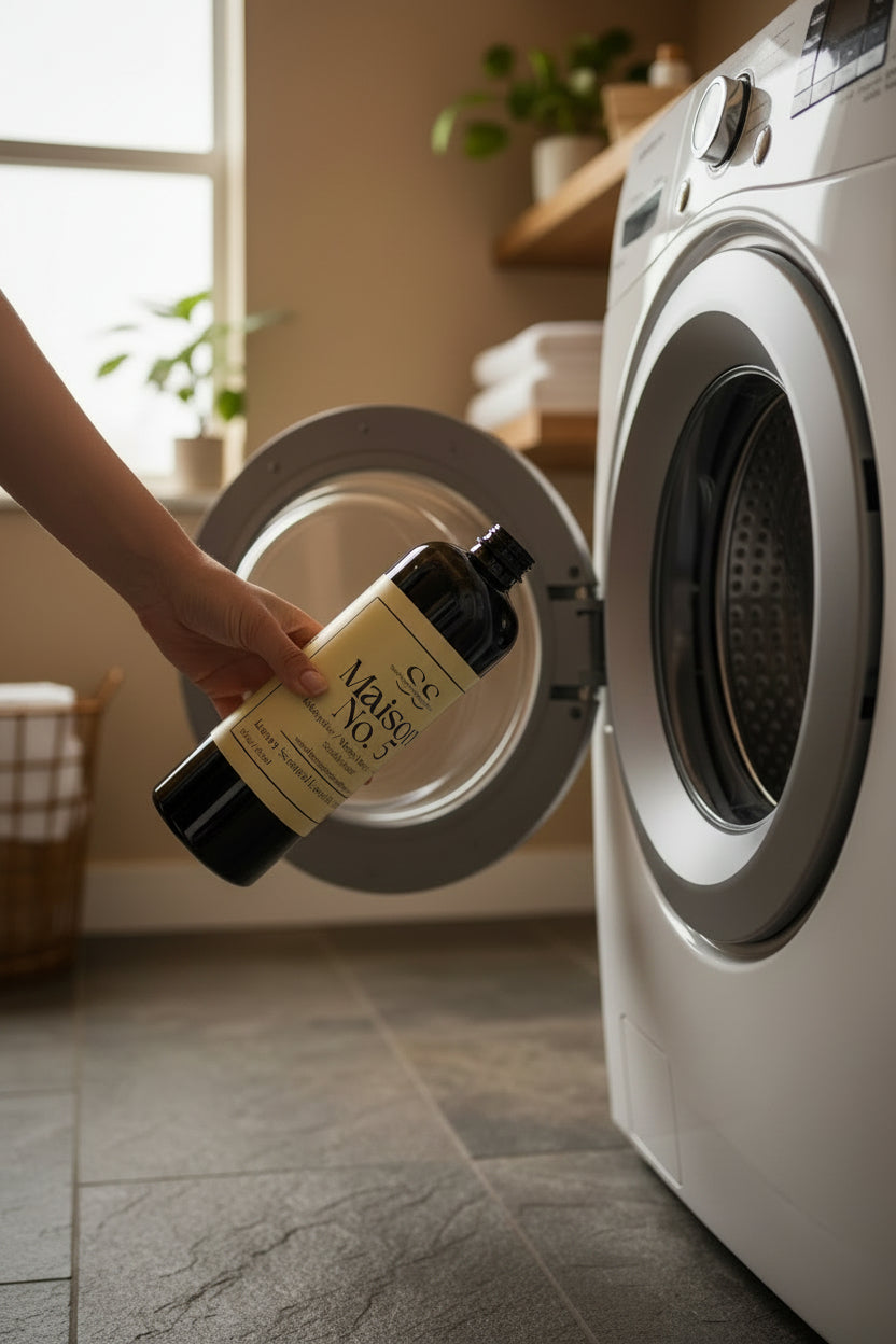 Person holding a bottle of detergent in front of an open washing machine.