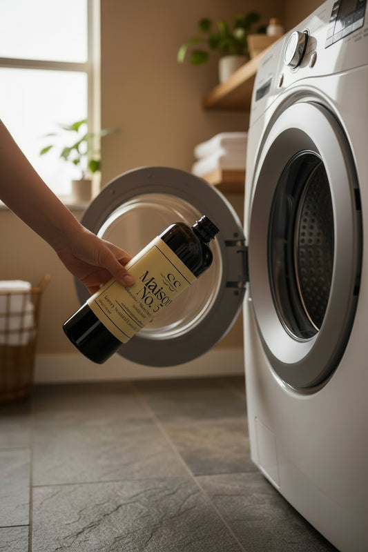 Person holding a bottle of detergent in front of an open washing machine.