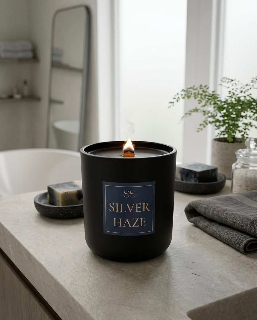 Matte Black: "Silver Haze 14.5 oz luxury coconut soy candle with wooden wick in matte black jar — fresh bergamot, lemon & light musk fragrance"