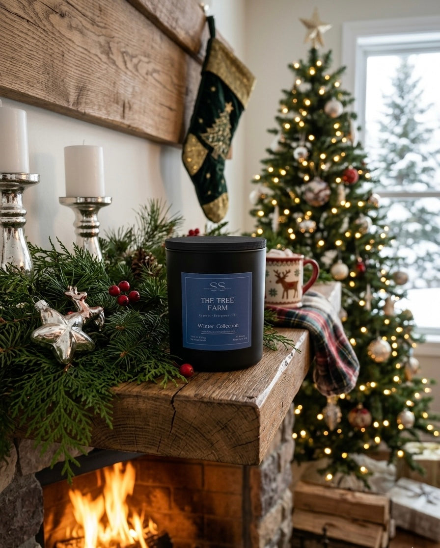 "The Tree Farm 10.5oz candle by SunShine Scents Candle Co. in a black jar on a rustic wood mantle with fresh pine garland, red berries, silver ornaments, and a lit fireplace, with a decorated Christmas tree and snowy window in the background." 
