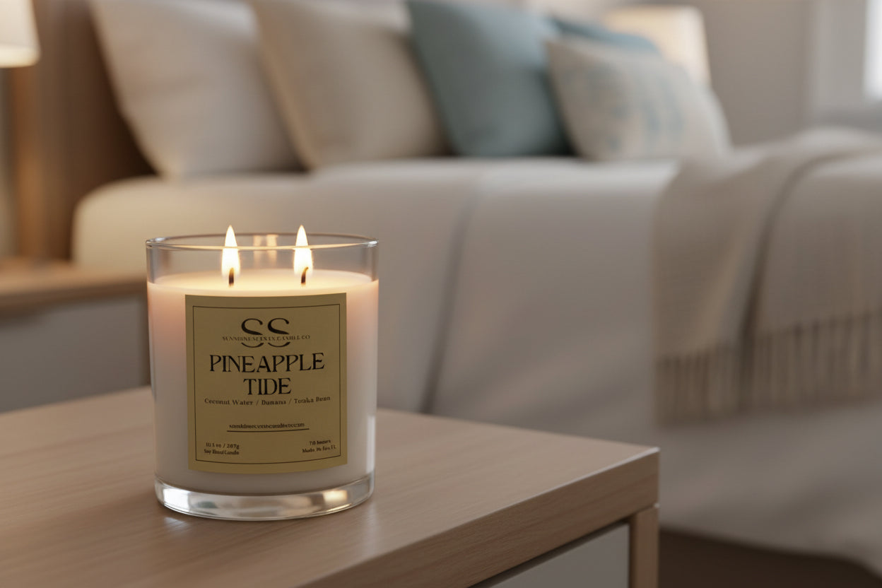 Candle with a 'Pineapple Tide' label on a table in a living room setting