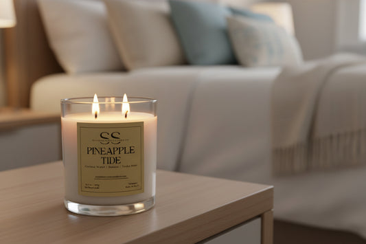 Candle with a 'Pineapple Tide' label on a table in a living room setting