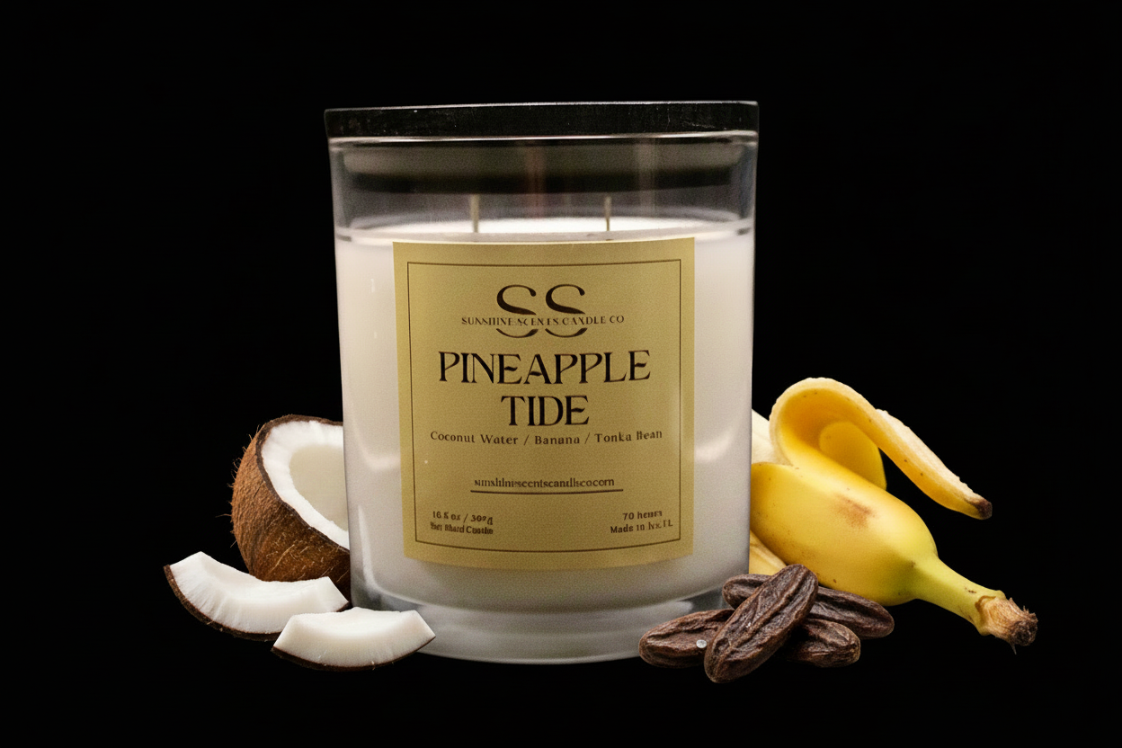 A scented candle in a clear glass jar with a black lid, labeled 'PINEAPPLE TIDE' by Sandring's Natural Candles Co. The candle is styled with fresh ingredients including a halved coconut, white coconut flakes, a peeled banana, and pecans, all set against a solid black background.
