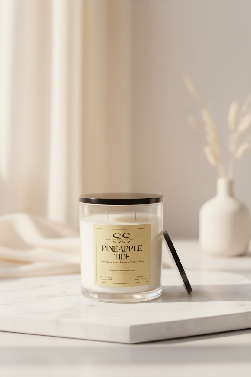 A glass jar candle labeled 'SS PINEAPPLE TIDE' sits on a white marble tray with a black lid leaning beside it. The scene is softly lit with neutral beige tones, draped fabric, and a blurred white vase in the background.