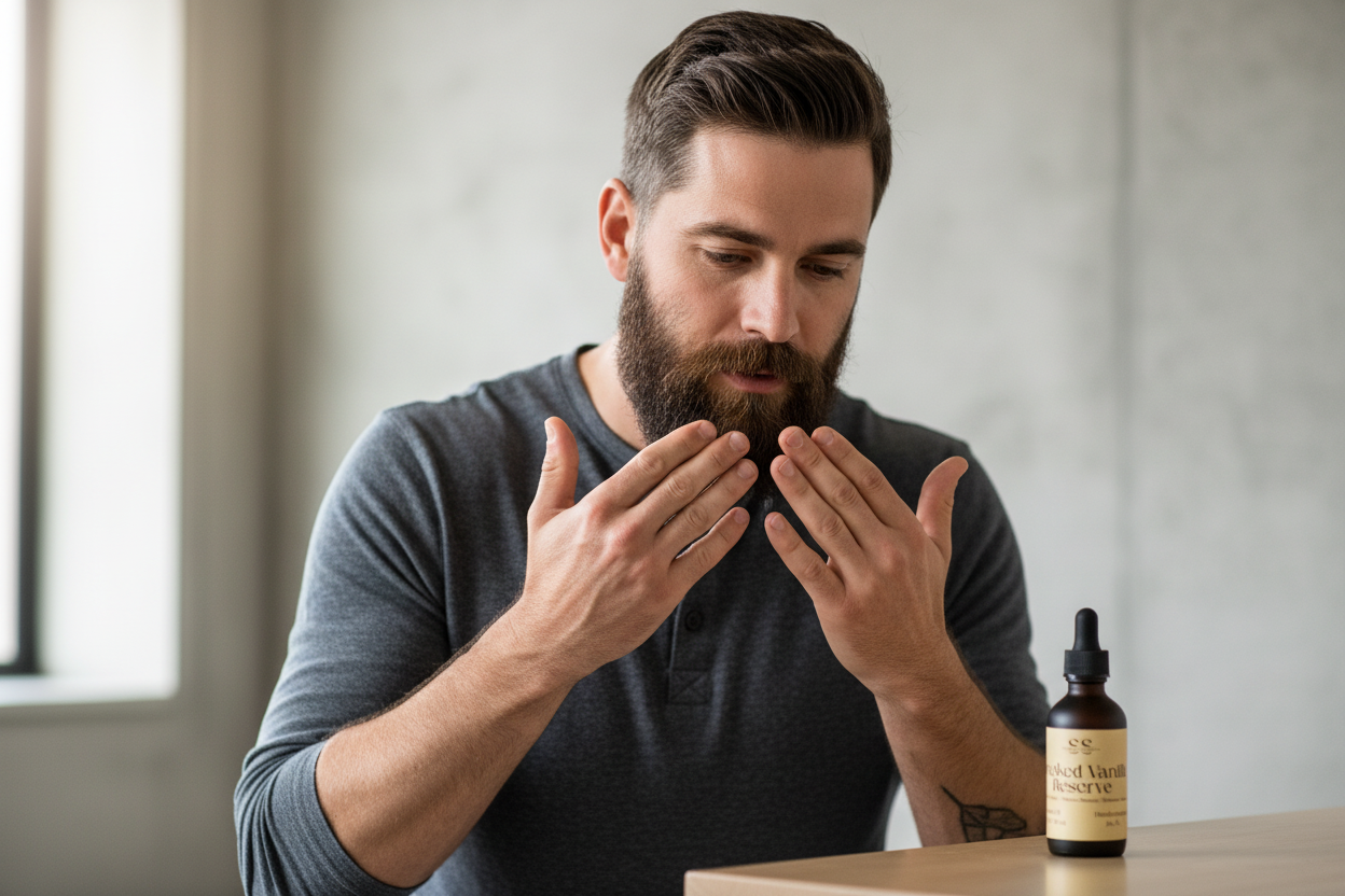 Man examining a bottle of beard oil on a table
