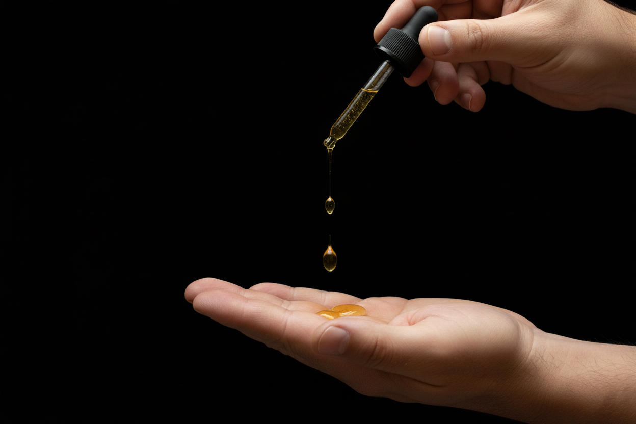 Hand holding a dropper with liquid over another hand on a black background