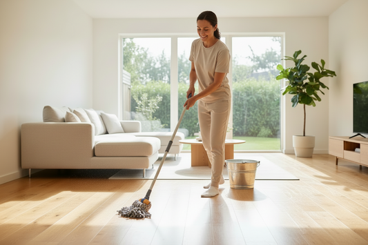 Woman cleaning a wooden floor in a bright living room