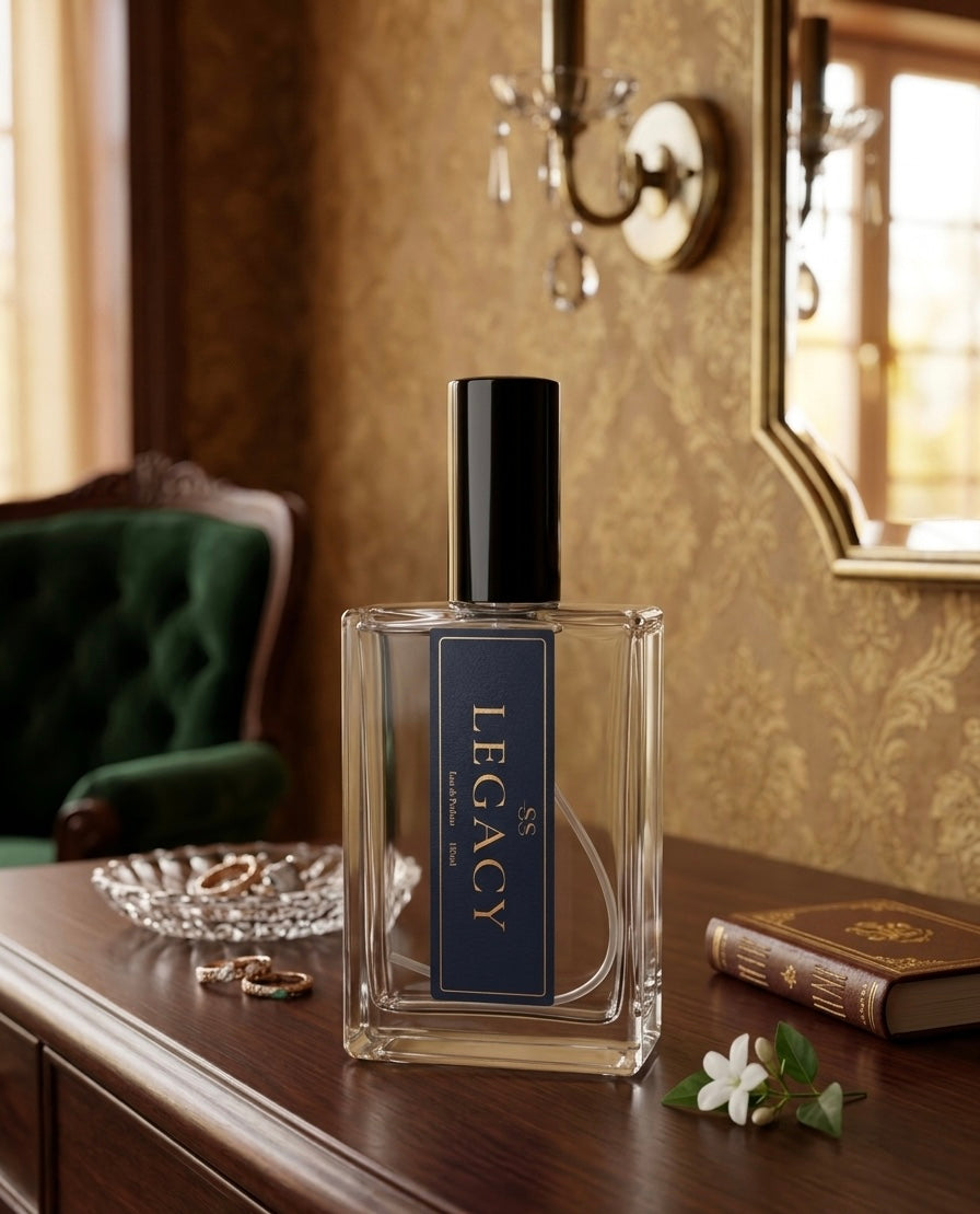 Legacy Eau de Parfum 100ml bottle by SunShine Scents Candle Co. — fruity smoky and woody fragrance
