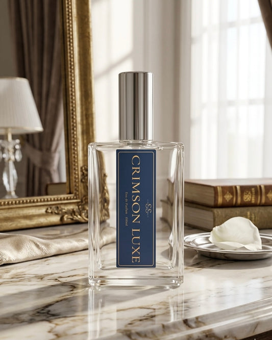 Crimson Luxe Eau de Parfum 100ml bottle by SunShine Scents Candle Co. — rose oud and amber fragrance
