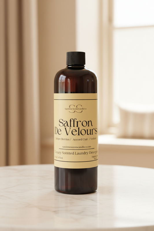 "Saffron De Velours Luxury Scented Laundry Detergent 16oz amber bottle with cream label, displayed on a marble surface in warm natural light — Juniper Berry, Accord Cuir & Vetiver fragrance by SunShine Scents Candle Co."