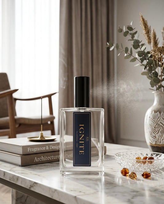 Ignite Eau de Parfum 100ml bottle by SunShine Scents Candle Co. displayed on a marble table with eucalyptus stems and amber accents." 
